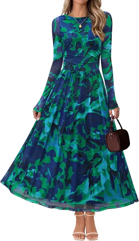 MEROKEETY Women's Fall Wedding Guest Cocktail Long Sleeve Floral Maxi Dress