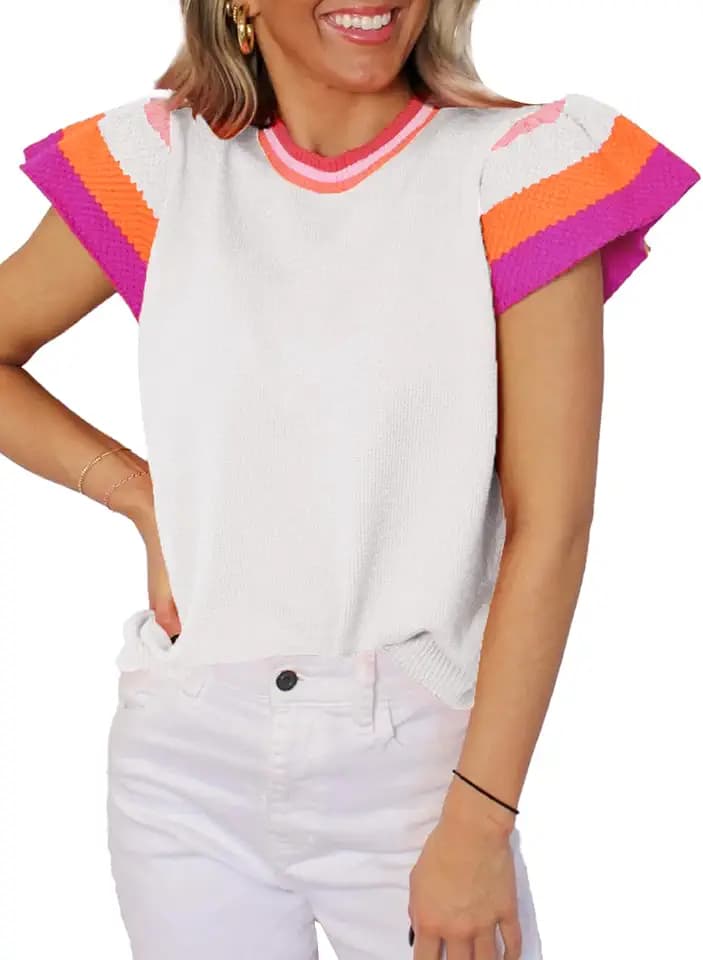 SHEWIN Womens Color Block Tops Casual Crewneck Short Sleeve Pullover Sweater Knit Lightweight Beach Vacation Clothes