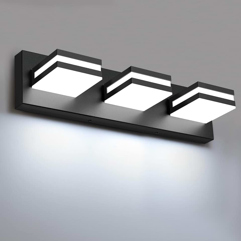 IZORRO LED Modern Bathroom Lights Fixtures(3-Light,Dimmable,360°Rotate),Matte Black Acrylic Wall Lighting,Vanity Lights for Bathroom Over Mirror - 6000k 16In （No Assembly Required）