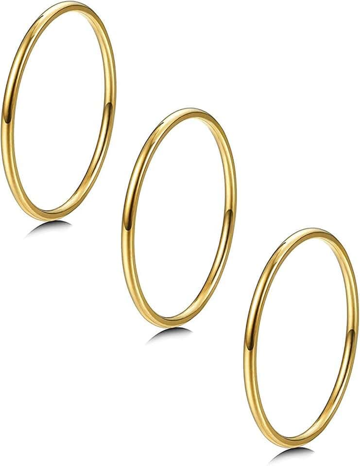 LOYALLOOK 3Pcs 1mm Thin 14K Gold Filled Stackable Rings For Women Non Tarnish Stainless Steel Plain Stacking Knuckle Thumb Pinky Statement Band Midi Rings Comfort Fit Size 3 to 10