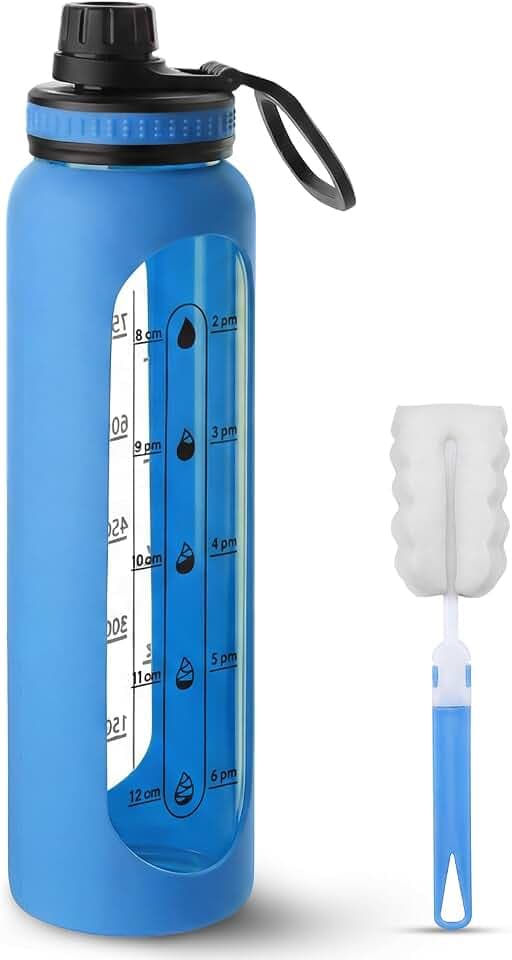Trinkflasche Glas 1L – Kohlensäuregeeignet – mit Reinigungsbürste & Silikonhülle – Glasflasche 1 Liter für Wasser, Saft & Sport – BPA-frei – Glas Trinkflasche für den täglichen Gebrauch