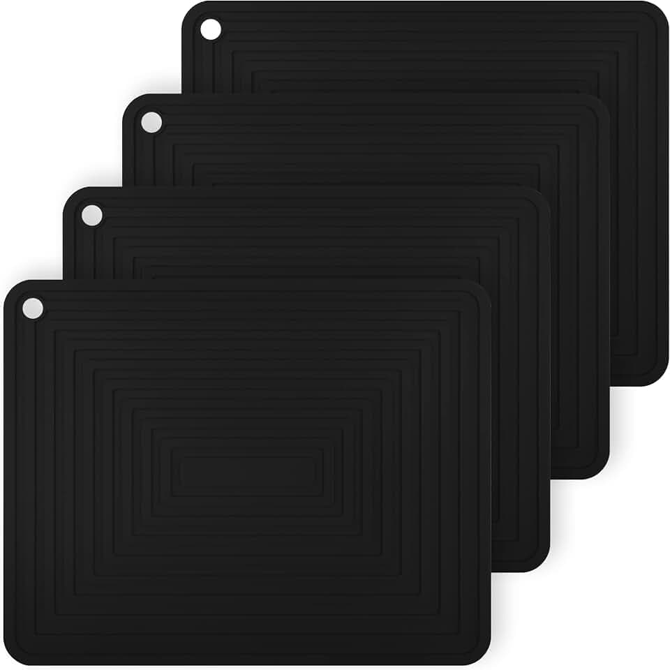 Silicone Trivets for Hot Dishes Pots and Pans, Versatile Hot Pads for Kitchen, Durable Silicone Pot Holders, Flexible Heat Resistant Mat Quartz Countertops, Multi-Use Place Mats Set 4 Black