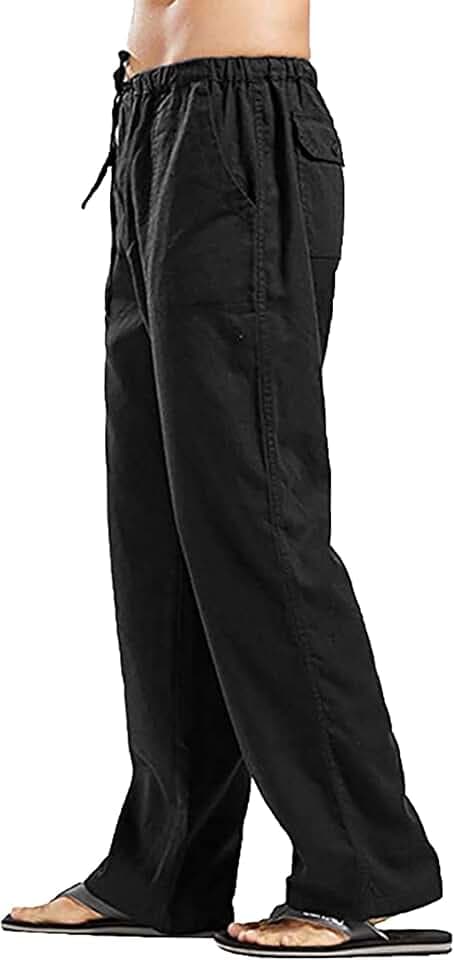 YAOHUOLE Herren-Leinenhose, leichte Yogahose, elastische Taille, gerade Beine, Kordelzug-Hose