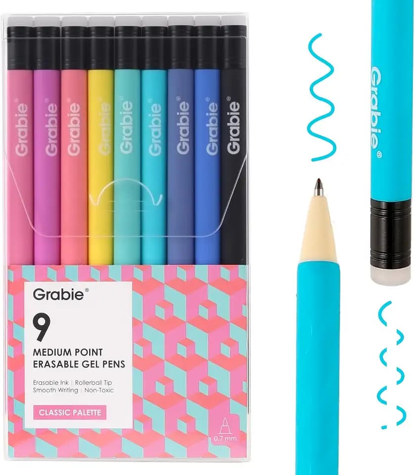 Grabie Erasable Gel Pens, 9 Medium Point 0.7 mm Pens, Classic