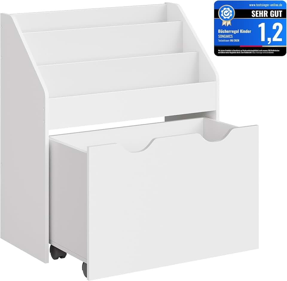 SONGMICS Kinder-Bücherregal und Spielzeug-Organizer | TEZA Kollektion, GKR041W10, Vielseitiger Bücher- und Spielzeugschrank, Kinderzimmer, Wolkenweiß