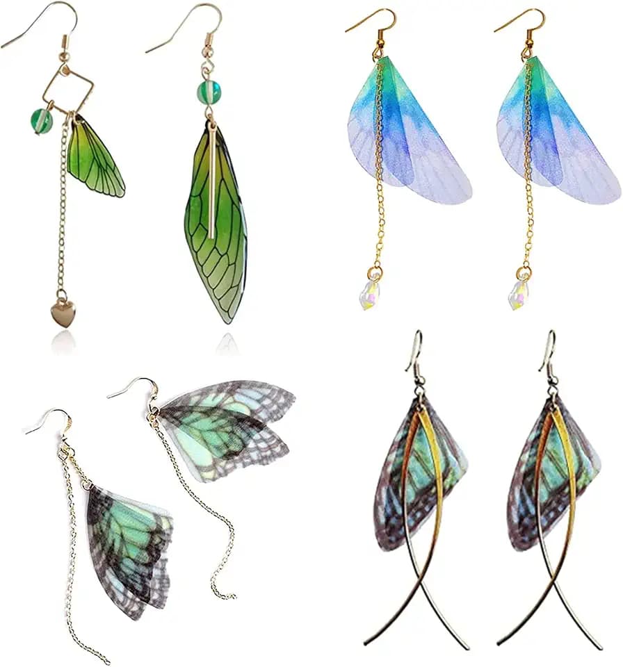 PPX 4 Paar Zikadenflügel-Ohrringe, handgefertigt, Feenzikade, Schmetterlingsflügel, Kristall, Schmuck, Schmetterlingsflügel, asymmetrisch, Farbverlauf, Damenohrringe