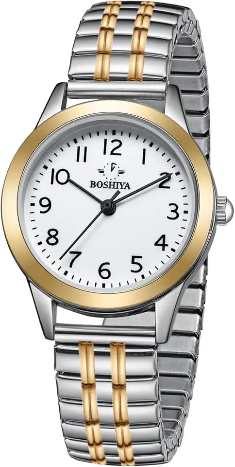 BOSHIYA Watches for Women Easy Reader 30mm Stainless Steel Expansion Band Sliver Gold Ladies Small Wrist Watch…