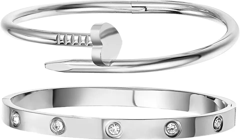 18K Gold Plated Stainless Steel Love Nail Bangle Clover Bracelet Set Stackable Dupes for Love Trendy Jewelry
