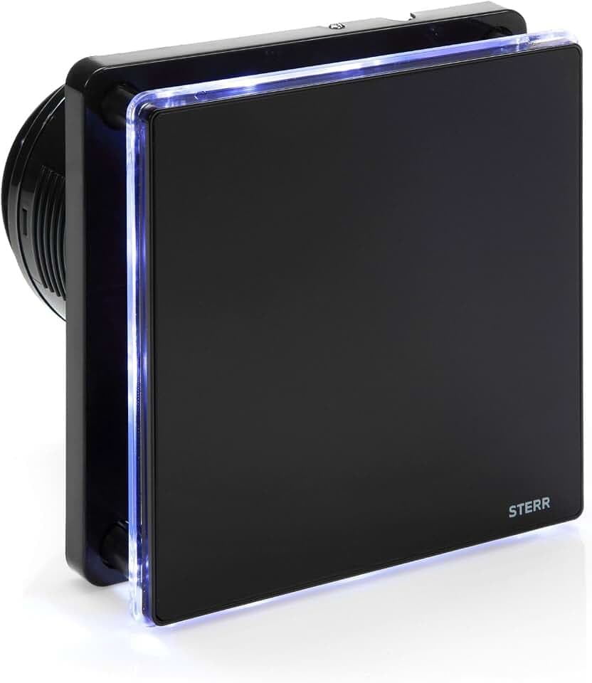 STERR Schwarzer Badlüfter 100 mm mit LED + TIMER - Badezimmerventilator - Glasfront - Modernes Aussehen - BFS100LT-B - 10 W