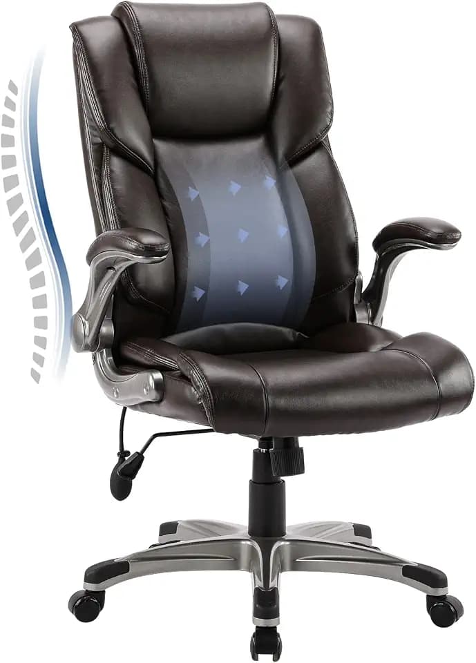 MOLOL Ergonomischer Bürostuhl aus Kunstleder, Schreibtischstuhl mit 74,9 cm hoher Rückenlehne und aufblasbarer Lendenstütze, Drehstuhl mit klappbaren Armlehnen, für Büro Homeoffice Gaming, Braun