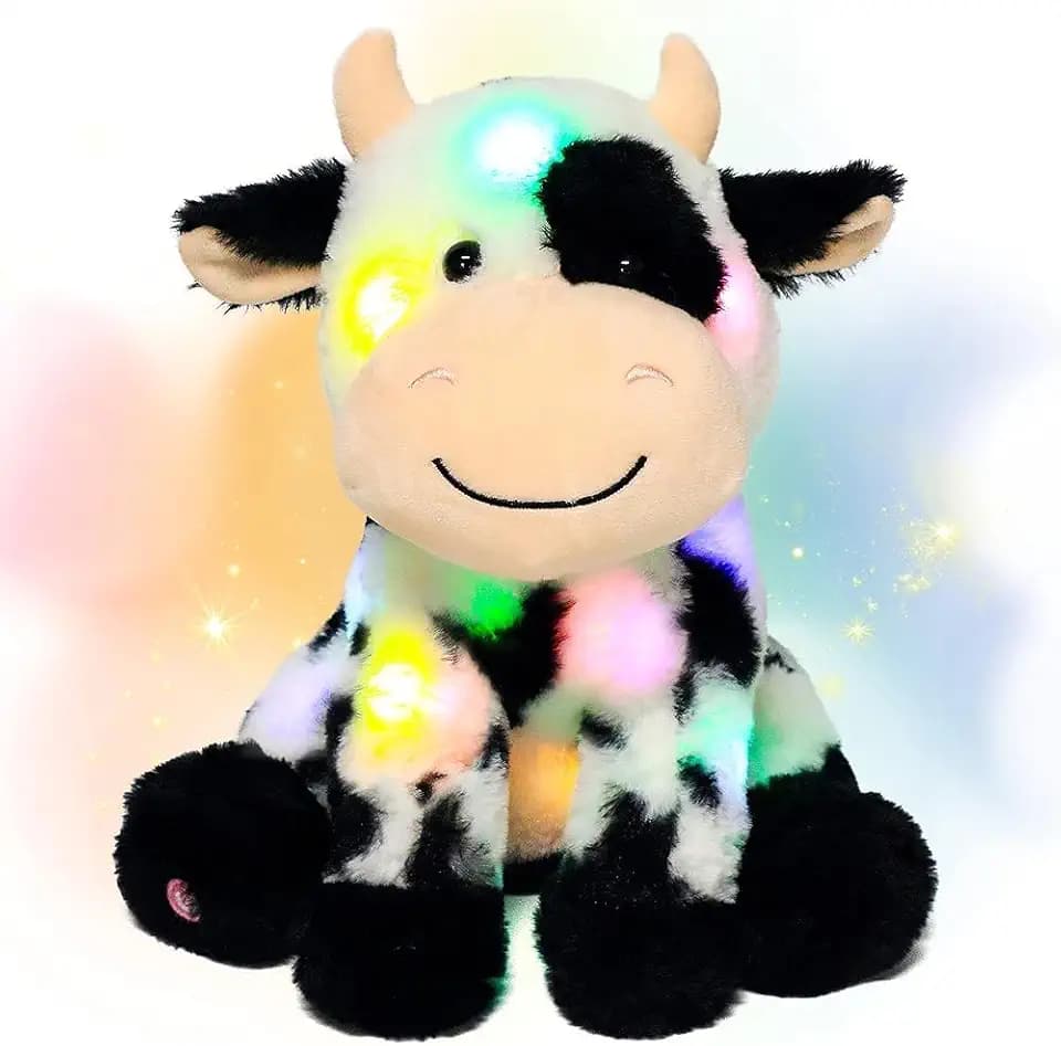 Hopearl LED Plush Smile Cow Light up Stuffed Animal Diary Cattle Floppy Night Lights Glow in The Dark Birthday Festival for Kids Toddler Girls, 11''