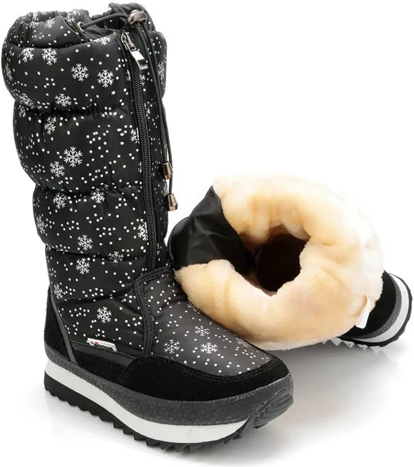 Women'S Snowflake Chunky Platform Snow Boots With Zipper, Comfortable, Impact-Resistant Round Toe Lugs. Non-Slip Elastic Sole. Mid-Calf Outdoor Boots For Walking, Hiking, Camping.