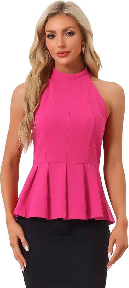 Allegra K Women's 2025 Summer Halter Neck Tops Sleeveless Pleated Hem Peplum Blouse Top