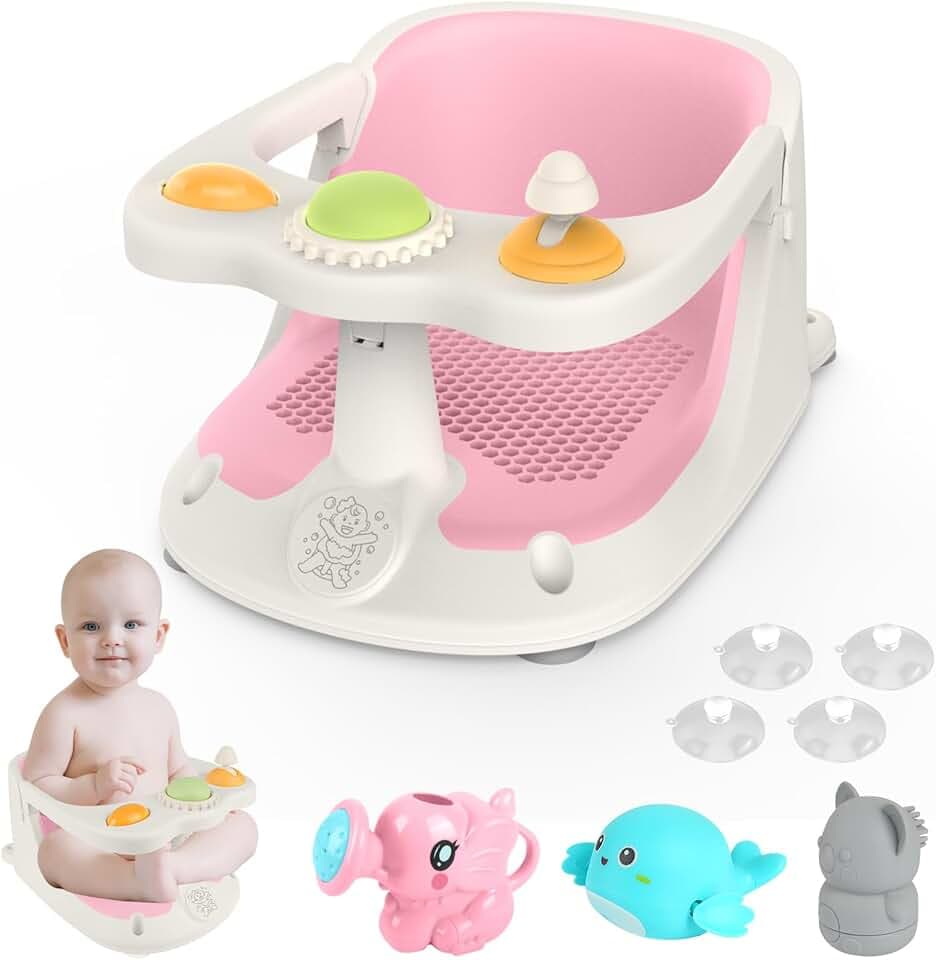 Aragallant Baby Badesitz ab 6 Monate, Badewannensitz mit 4-starken Saugnäpfen, Rutschfester Badesitz Baby mit Spielzeug, Sicherer Badstuhl für Kleinkinder (Rosa)