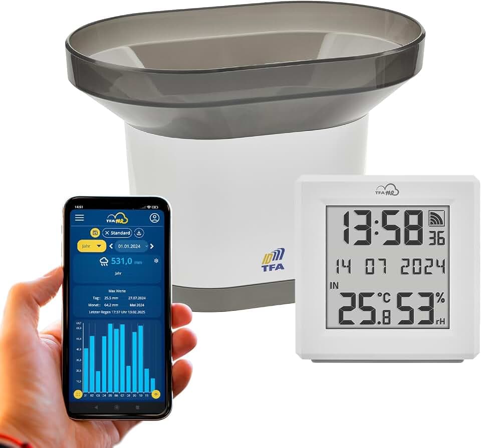 TFA Dostmann TFA.me Starter Set Regenmesser und Gateway, 35.8111, zur Überwachung der Regenmenge online, inklusive Niederschlagsmesser, mit TFA.me Online Portal, für Garten und Zuhause, weiß
