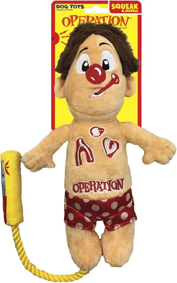 Hasbro 12in Dog Toys Operation Cavity Sam Squeak and Crunch with Rope - Tan-Red-Yellow