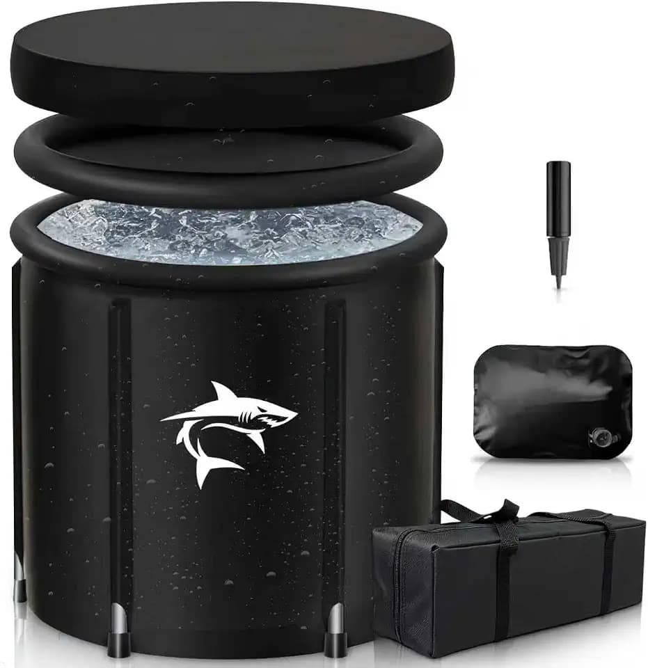 Eisbaden Tonne mit Kühlsystem (80 cm Ø) XL, Eistonne Eisbaden mit 8 Edelstahlstangen, Sporttasche/Hitzeschild/Staubabdeckung - Komplettset