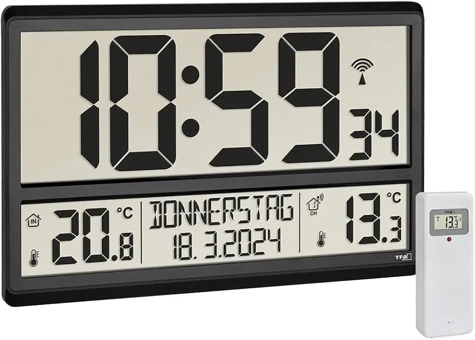 TFA Dostmann Digitale XL Wanduhr, 60.4521.01, mit Außentemperatur, Innentemperatur, Wochentag (8 Sprachen), Funkuhr, Datum, schwarz, (L) 360 x (B) 235 x (H) 28 (84) mm