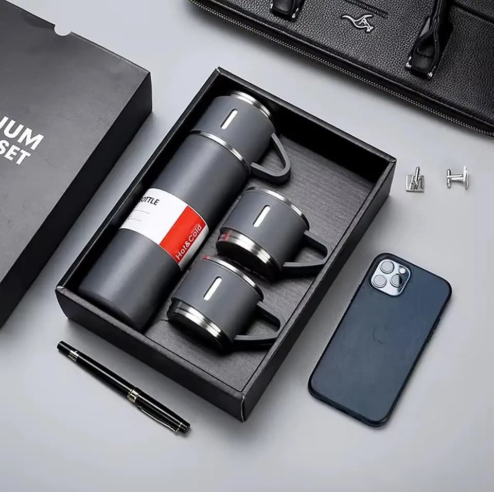 Stainless Steel Vacuum Flask Gift Set with 2 Sharing Cups & Gift Box — 500ml Double-Wall Insulated Bottle | 12H Hot, 24H Cold | Coffee & Tea Travel Mug | Father's Day Birthday Gift (Gray)