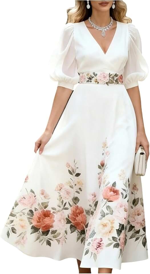 GORGLITTER Women's Floral Garden Party Dresses Sheer Puff Short Sleeve Spring Summer A Line Maxi Wedding Guest Dress