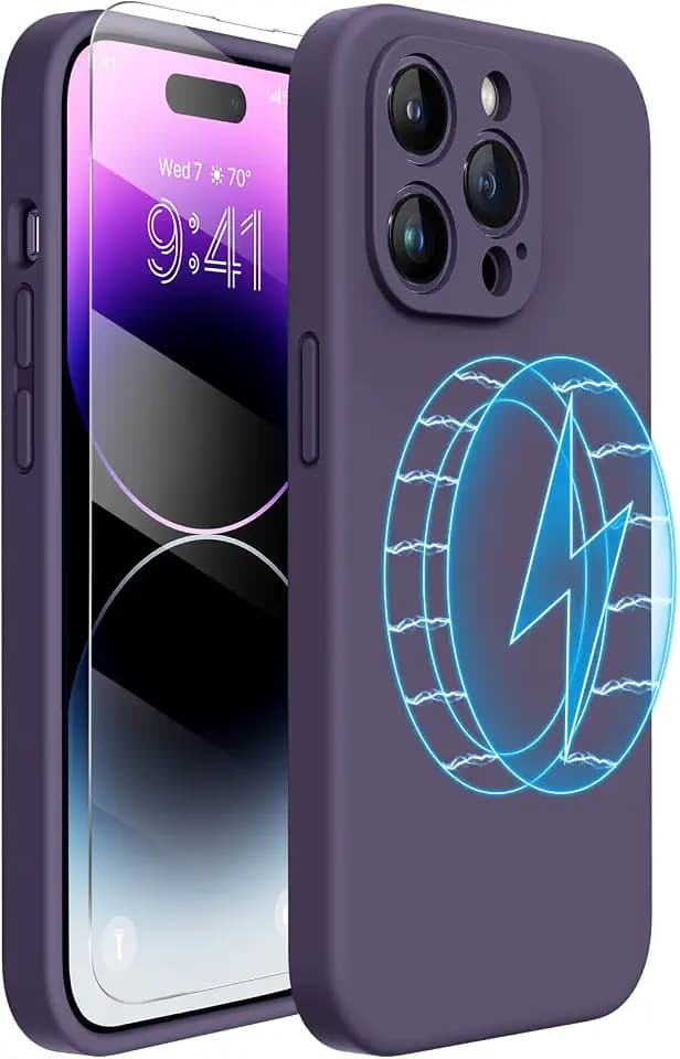 miracase Magnetic Case Designed for iPhone 14 Pro Max Phone Case with Screen Protector,[Upgraded Enhanced Camera Protection],Shockproof Liquid Silicone Case 6.7 inch, Dark Purple Magnetic