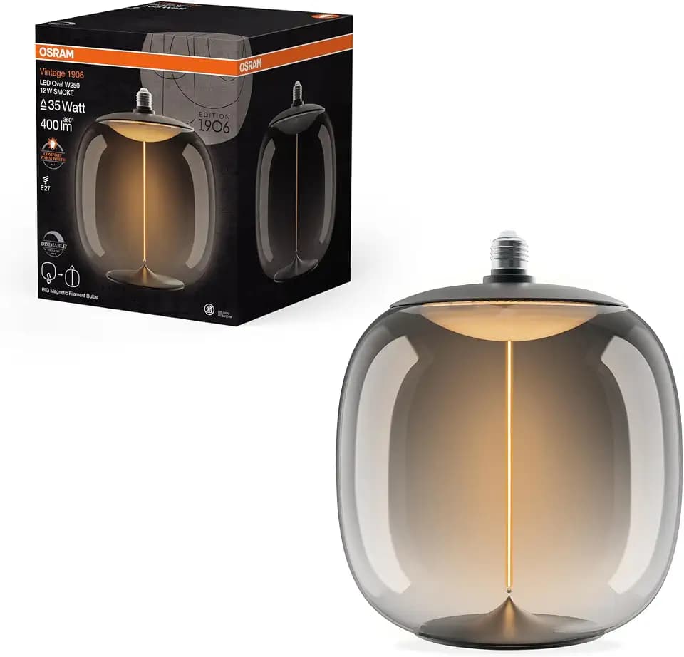 Osram Vintage 1906 Big Oval ist eine dimmbare, dekorative Lampe aus Kunststoff mit LED-Glüwendel-Magnet-Technologie,12 W,400 lm, E27 Fassung, 1800K, 250 mm Durchmesser, CRI 80.