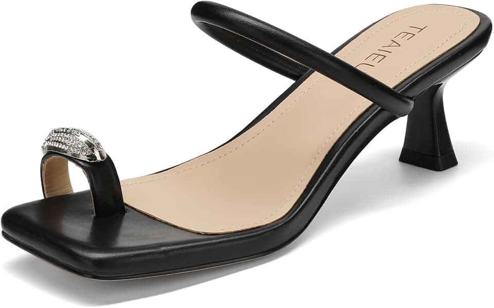 TEAIEUI Women’s Heeled Sandals Toe Ring Slip On 2.4 Inch Low Heel, Square Open Toe Casual Dress Shoes