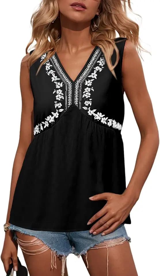 Dokotoo Summer Tank Tops for Women Casual V Neck Sleeveless Floral Print Shirts Loose Color Block Tunic Blouse