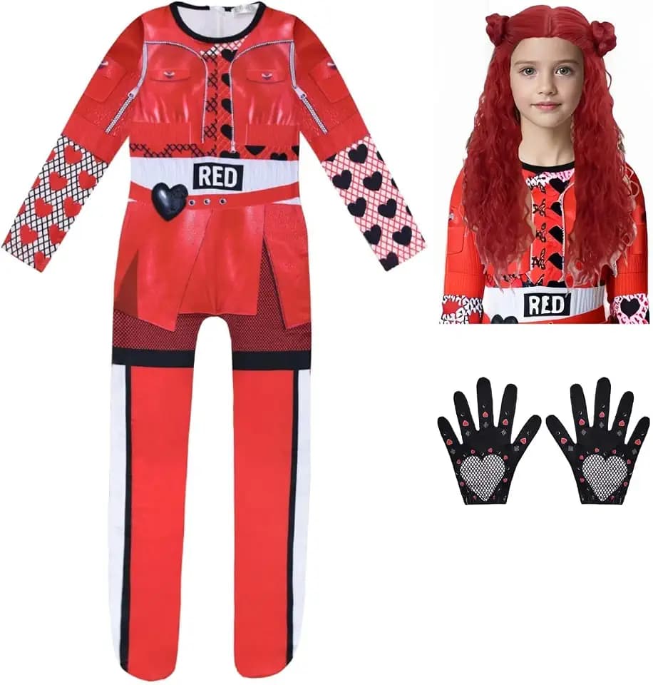 Xefenki Girls Kids Red Bodysuit Costumes Rise of Red Halloween Cosplay Dress Up With Wig 9-10Y