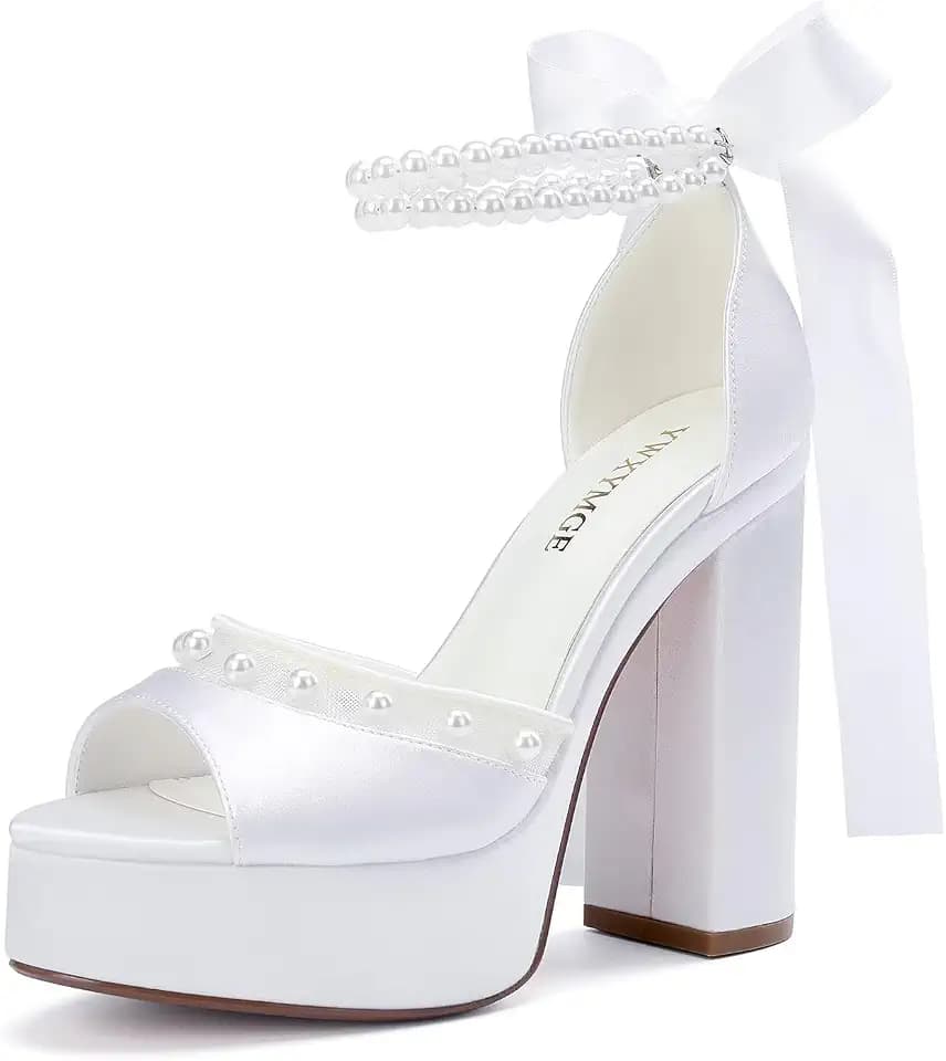 Platform Heels Wedding Shoes for Bride Open Toe Bridal Shoes Pearl Heels
