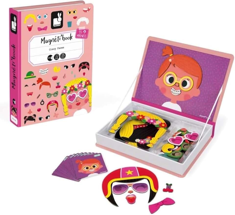 Janod - Girl's Crazy Faces Magneti'Book - Magnetic Educational Game 55 Pieces - For children from the Age of 3, J02717, Klein, Rose