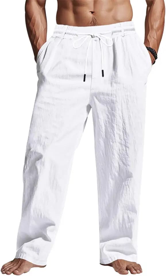 Men's Linen Pants Lightweight Drawstring Elastic Waist Pockets Loose Fit Straight Legs Summer Beach Yoga