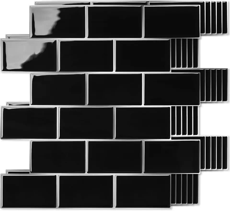 Art3d 10-Pack Subway Peel and Stick Backsplash, Black with Silver Grout