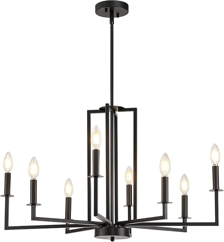 Modern Black Chandelier, Farmhouse Candle Dining Room Chandeliers, Metal Hanging Pendant Light Fixture for Kitchen, Foyer, Bedroom, Living Room, Staircase, Entryway, 8-Light