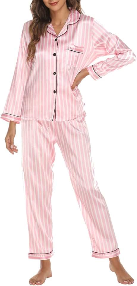 Loalirando Pyjama-Set für Damen, 2-teilig, Satin, Nachtwäsche, schick, elegant