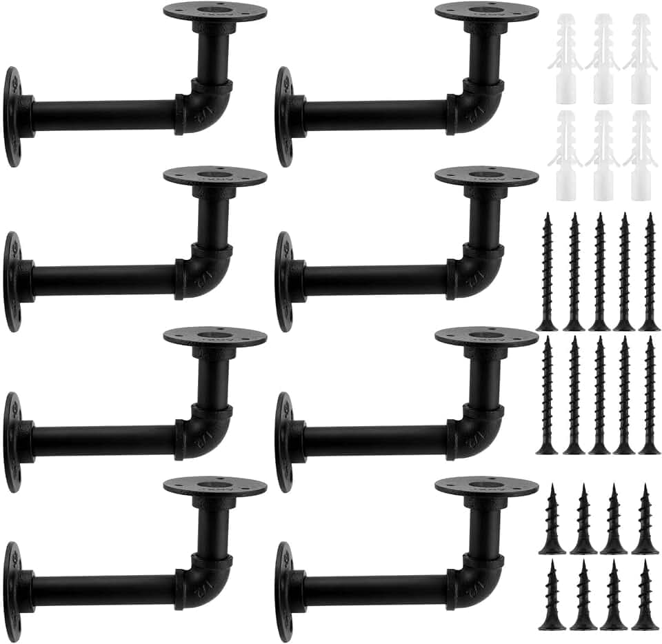 8 Stück industrielle Rohrhalterungen, schwarze Rohrregalhalterungen mit Schrauben und harten Wandankern, Rohrhalterungen für Regale, Gerüstbrett und Heimdekoration