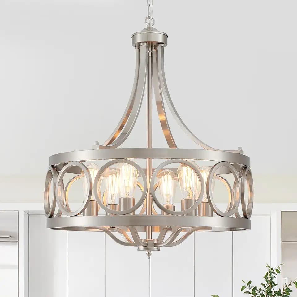 XINGQI Brushed Nickel Dining Room Chandelier 6 Lights Modern Farmhouse Chandelier 21.7" Round Hanging Lighting Fixture Rustic Metal Drum Pendant Lamp for Entryway Bedroom Kitchen