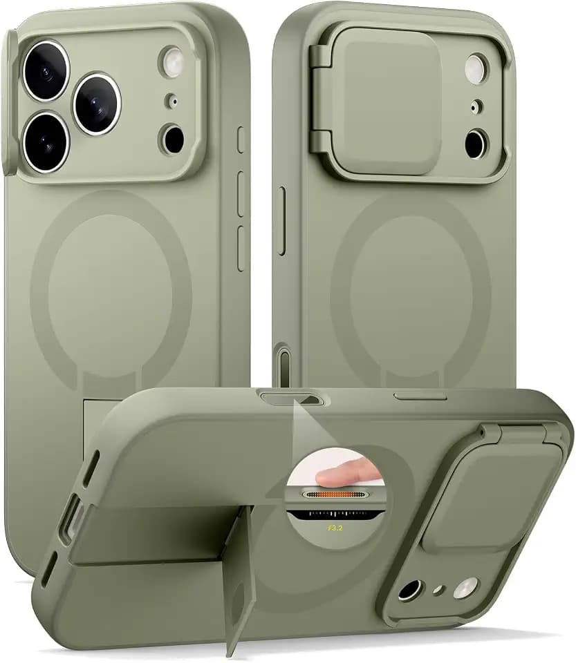 SURITCH for iPhone 17 Pro Case with Camera Control Cover, Camera Cover and Adjustable Kickstand, Compatible with MagSafe, Shockproof Bumper Protective Cases 6.3 Inch, Green