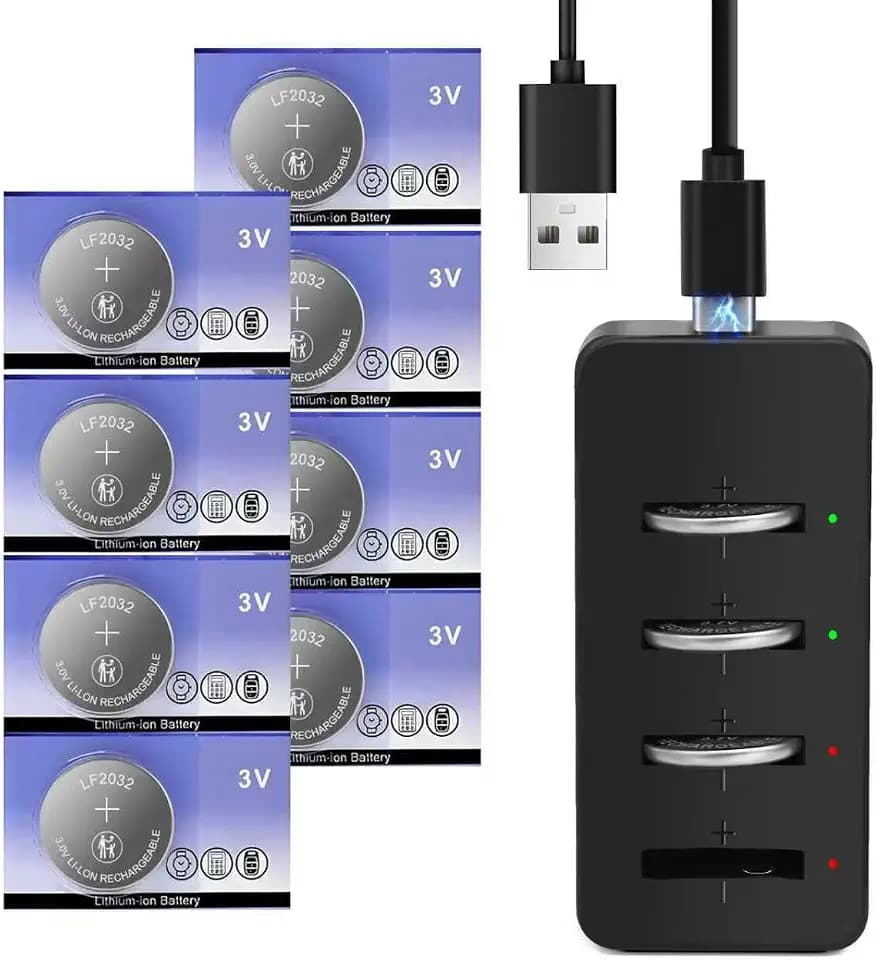 8 Pack Rechargeable 2032 Lithium 3V Coin Battery with Charger