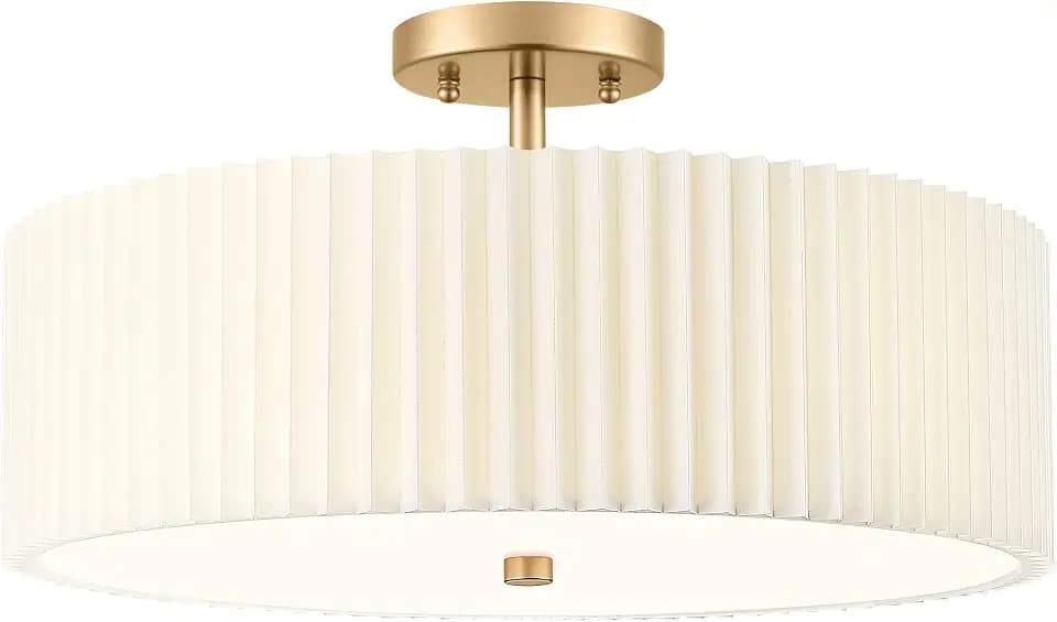 18" Gold Semi Flush Mount Ceiling Lights, Pleated Fabric Shade