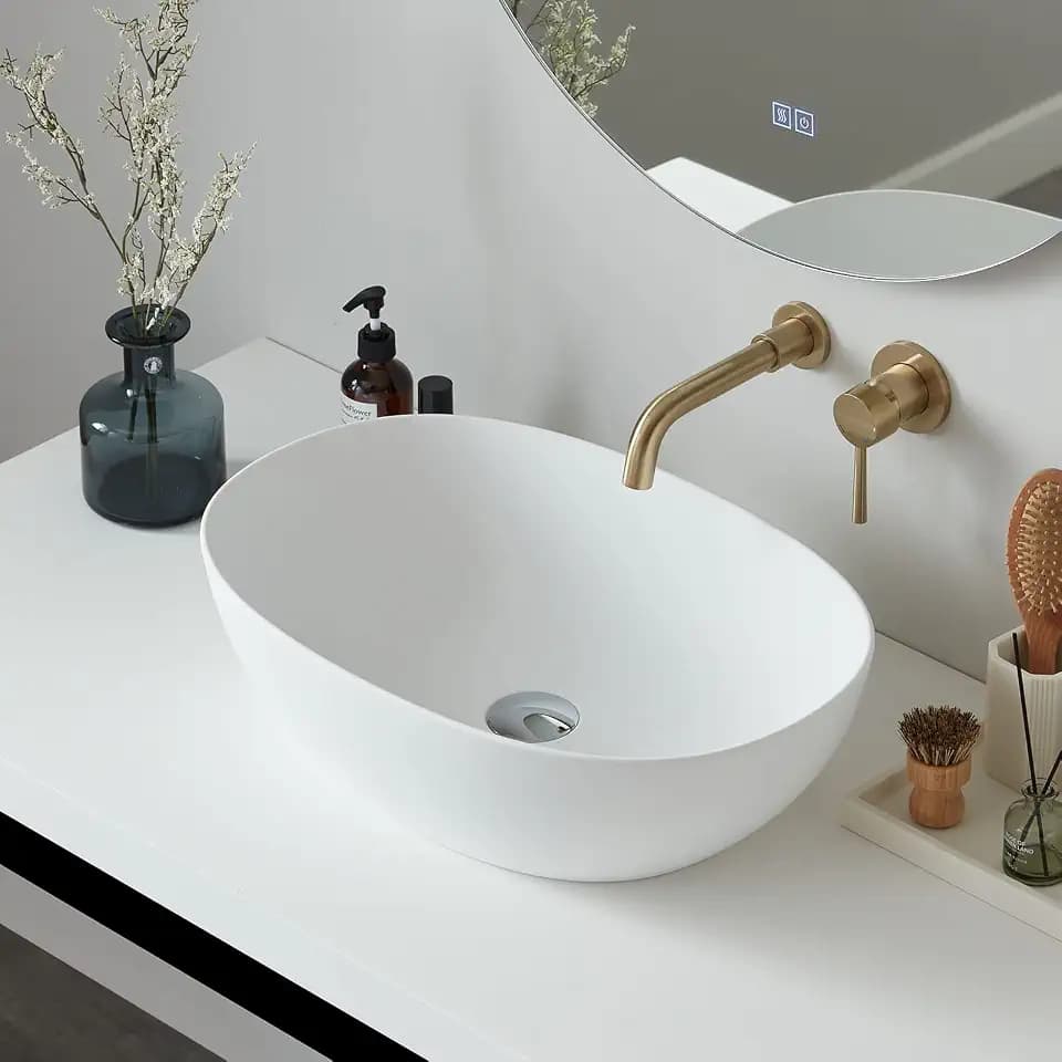 Cpingao Oval Bathroom Vessel Sink, White Stone Resin Vessel Sink 22'' x 15'' Countertop, Modern Vanity Sink Bowl Basin with Pop-up Drain, 2262-white