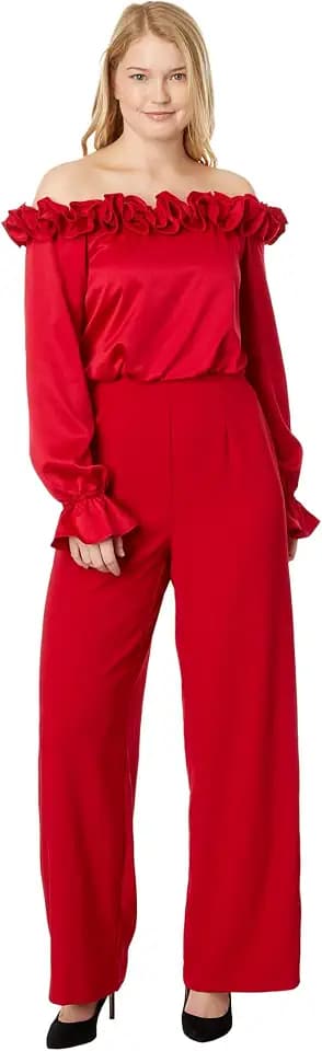 Adrianna Papell Satin Crepe Off the Shoulder Rosette Jumpsuit