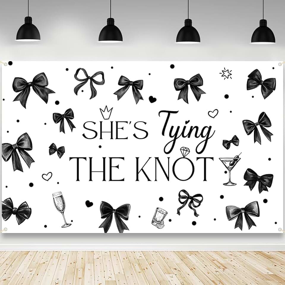 AIBIIN Black Bow She's Tying The Knot Bridal Shower Backdrop Banner 6x3.6ft