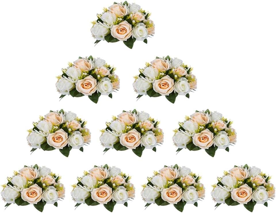 NUPTIO 10 Stück Künstliche Blumenstrauß, 15 Köpfe Kunststoff Rosen mit Sockel, Geeignet für Unser Geschäft Hochzeit Herzstück Blumenregal für Parteien Valentinstag Dekoration(Champagner & Weiß)