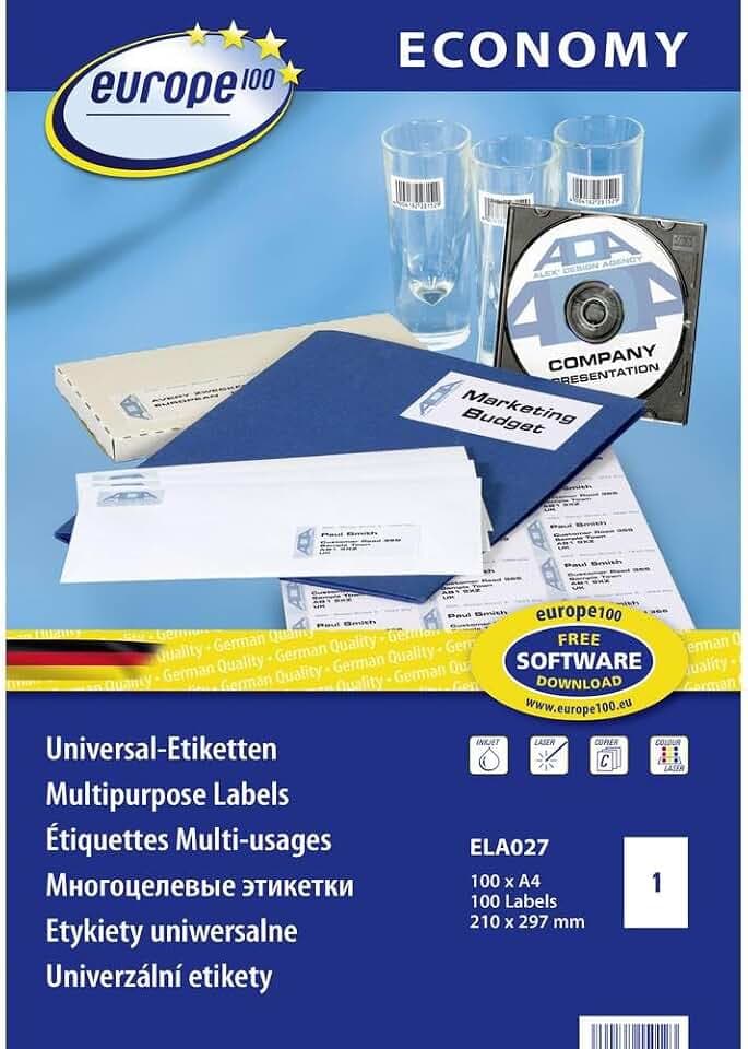 Europe100 Art. ELA027 Universal Etiketten (100 Klebeetiketten, 210x297mm auf A4, Papier matt, individuell bedruckbar, selbstklebende Versandaufkleber, kompatibel zu AVERY 3478) 100 Blatt, weiß