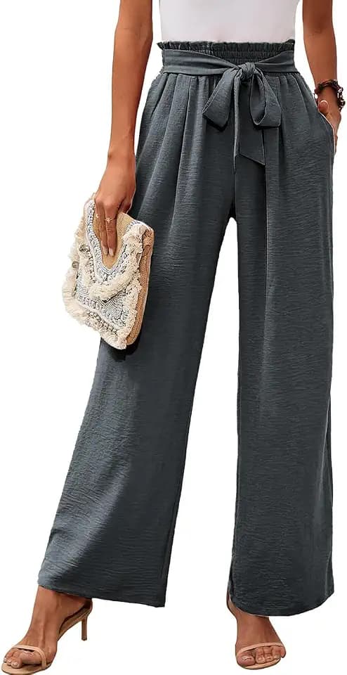 Damen Casual Wide Leg Pants Loose Fit Hohe Taille Palazzo Einstellbare Krawatte Knoten Stretchy Taille Hose Grau XL