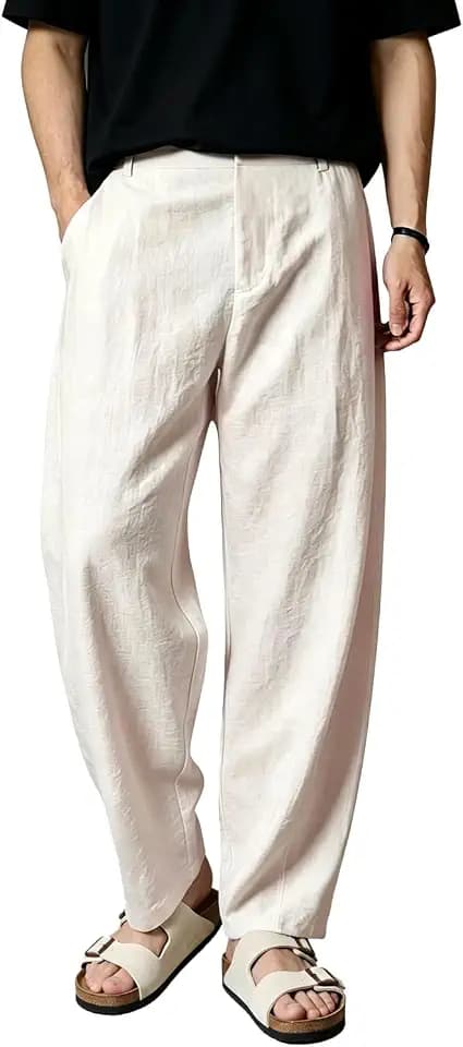 Heyfanee Linen Pants Men Casual Summer Beach Pleated Trousers Loose Fit