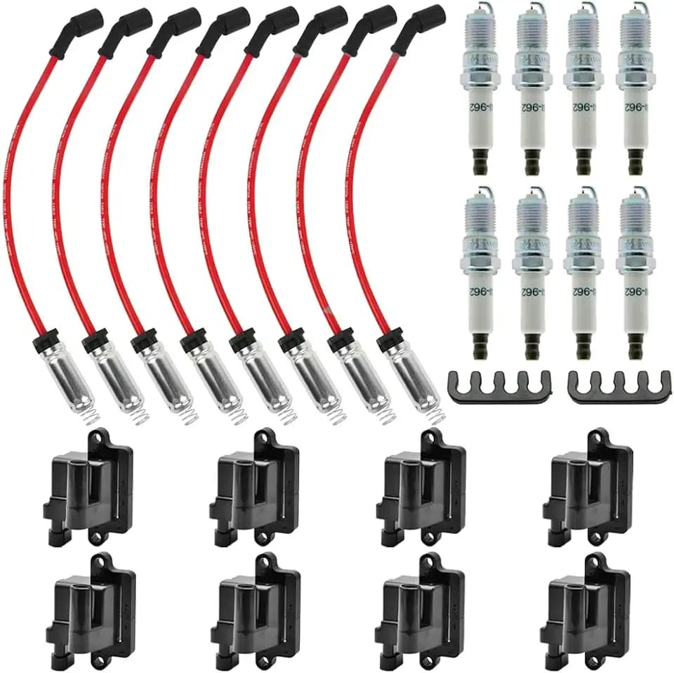 Set of 8 UF-271 Square Ignition Coil Packs & 41-962 Spark Plug and Red Wires Set 12556893 Compatible with Chevrolet Avalanche Silverado Suburban GMC Hummer H2 Savanna 1500 2500 3500