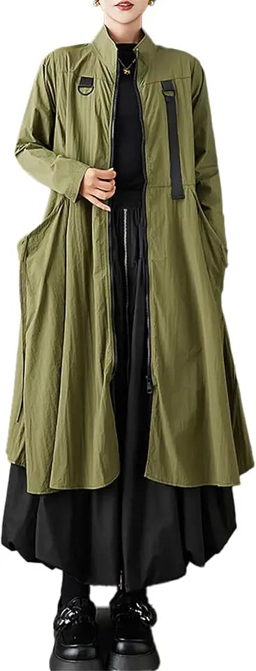 ellazhu Women's Coats Outerwear Mock Neck Zip Up Long Sleeve Side Pockets Oversized Maxi Hem GZ710 A