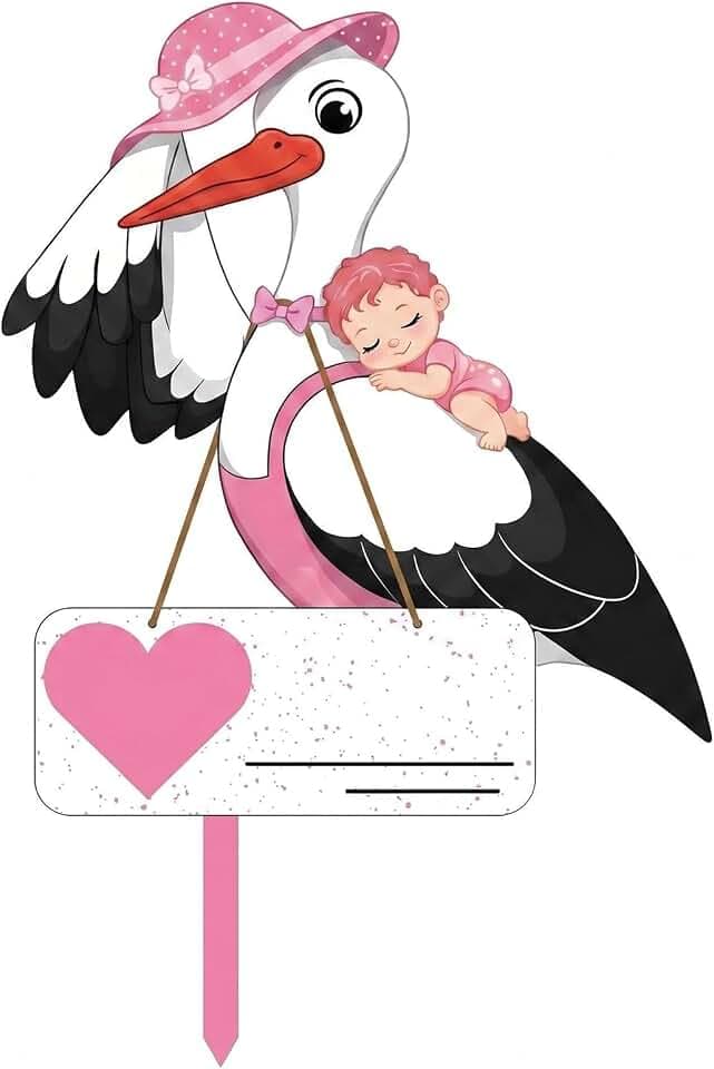 Klapperstorch Set zur Geburt Baby 81cm Holz Storch Geburt für Draussen Willkommen Zuhause Baby Deko Inkl Holzstab Namensschild Grußkarte (Rosa)